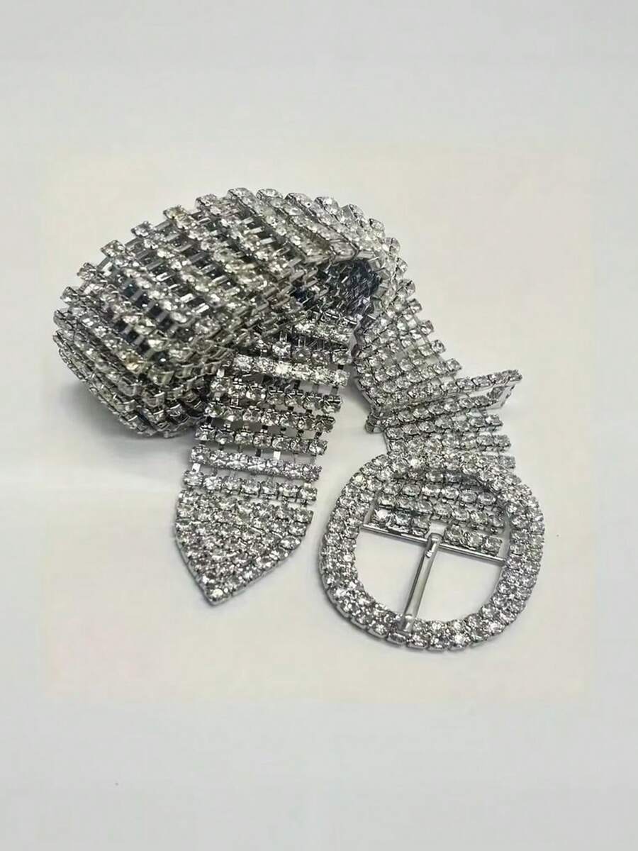 Party Full Rhinestone Women's Waist Belt, Fashionable All-Match Bling Rhinestone Studded Leather Belt, Decorative Accessory For Dress, S Halloween Summer, School Fall, Autumn, Halloween - Silver - View 1