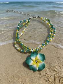 1 buah Gelang Kaki Berlapis Manik-Manik Bunga Daisy dari Tanah Liat Lembut Serbaguna Gaya Bohemian, Cocok untuk Pemakaian Sehari-hari, Pantai, Perjalanan & Liburan Pria - Hijau - View 3