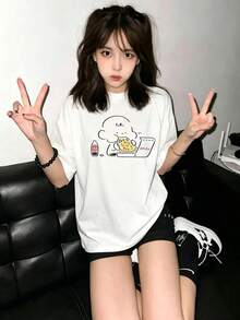 Y2k > Tops 100% Cotton Fan T-Shirt Men's & Women's, Fashionable And Versatile Clothing For Girls, Printed Pattern, Office Wear, Casual Wear, Perfect For Inner Or Outer Layering, Korean Fashion Round Neck Short Sleeve Top - White - View 1