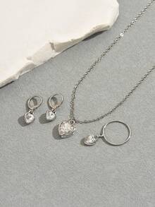 Set de 4 piezas de joyería minimalista de mujer con cristal en forma de corazón: collar, aretes, anillo, versátil para uso diario - Plata-N1053 - Ver 3