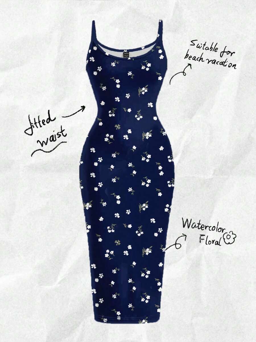 Vestido maxi de tirantes slim fit con estampado minimalista y casual de girasol, adecuado para el verano - Multicolor 3 - Ver 1