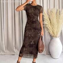 MewMuse. Vestido de mujer con estampado floral de color café, elegante y de moda, adecuado para salidas, reuniones, viajes al trabajo y vacaciones, primavera - Azul marino - Ver 2