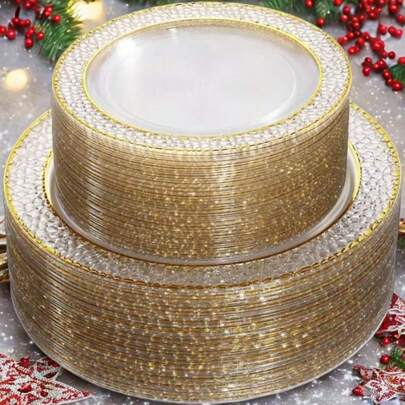 20pcs Elegant Transparent Dessert Plates With Gold Rim, Heavy Hammered Design, 7.5 Inch/19cm Size, Reusable, Ideal For Wedding Decor, Valentine's Day, Birthday Party, Engagement Celebration