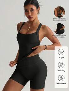 2pcs Women's Summer Casual Sports Set, Off-Shoulder Top And High Waist Shorts, Suitable For Running, Yoga And Other Workouts - Black - View 7