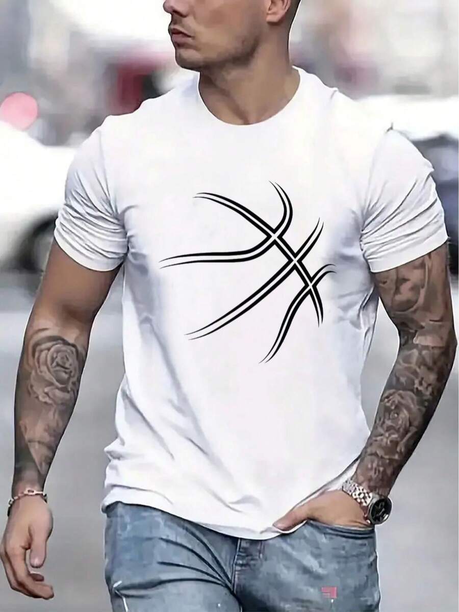 Men's Basketball Jersey, Comfortable, Crew Neck, Casual, Cotton, Short Sleeve, Soft And Breathable, Men's Clothing, Summer And Spring T-Shirt, Streetwear, Fabric D - 白色 - 查看 1
