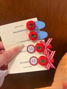 4pcs/Set Cute Tomato & Button Decor Hair Clip Set, Women's Sweet Plaid Bow Alligator Hair Clips, Daily Casual Bangs Clips, Girls Hair Accessories,Claw Clips - Multicolor - View 2