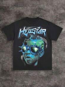Tops Y2K de gran  en verano, camiseta gráfica con estampado de gafas cibernéticas Hell Star y gafas con púas, estilo grunge, de gran tamaño, retro, de manga corta, para hombre, versátil para uso diario. - Negro - Ver 1