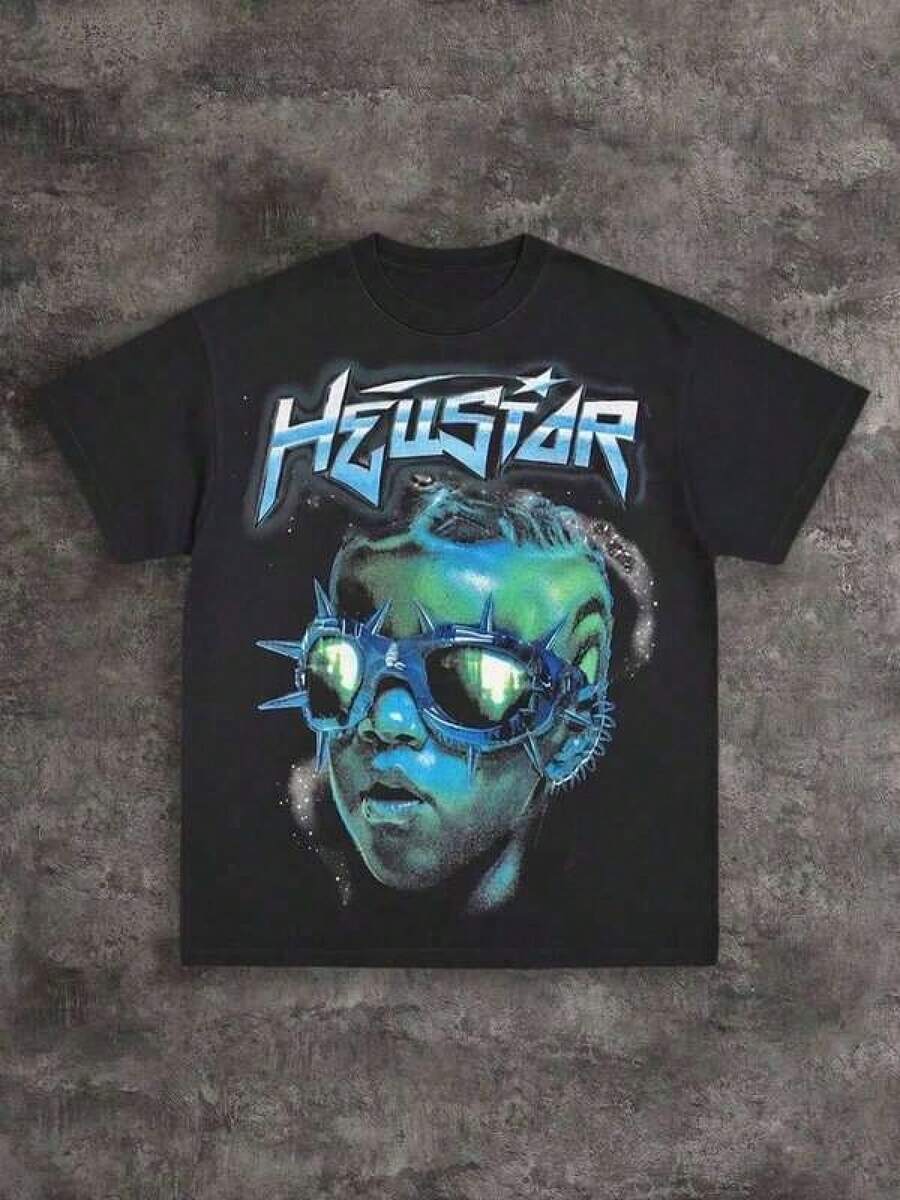 Tops Y2K de gran  en verano, camiseta gráfica con estampado de gafas cibernéticas Hell Star y gafas con púas, estilo grunge, de gran tamaño, retro, de manga corta, para hombre, versátil para uso diario. - Negro - Ver 1