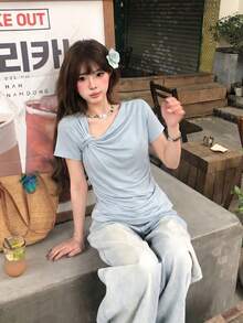 小巧香港風結飾不對稱甜美百褶修身短袖T恤休閒款 - 藍色 - 查看 4