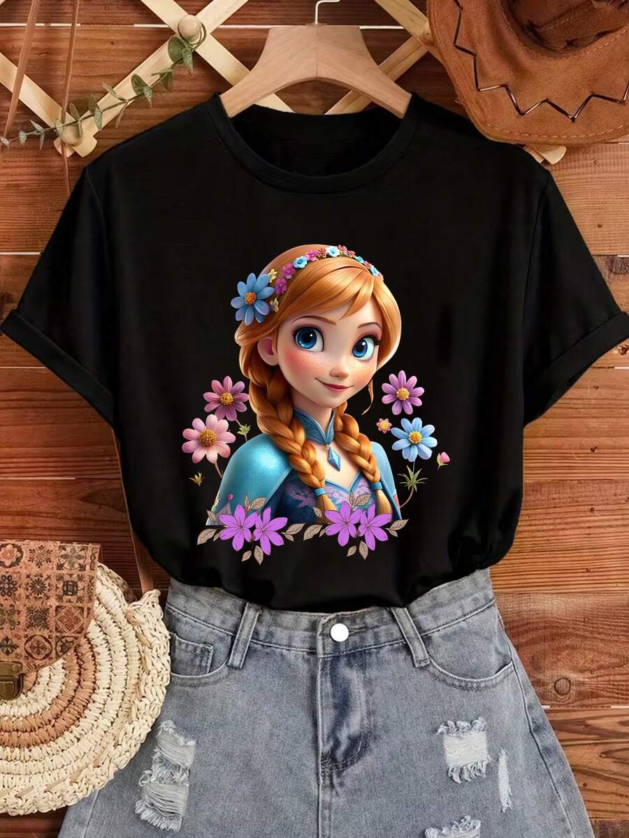 Disney Women's Casual Anna Floral Tee, Flower Crown Print, Magical & Whimsical, Great For Frozen Fans. - Black - View 1