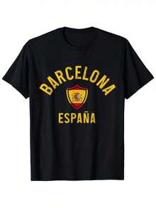 Vintage Men's T Shirt - Barcelona, Spain - Black Background With Yellow Letters And A Spanish Flag Pattern - Catalan Traditional Design - Casual Wear Suitable For All Seasons T Shirt - Machine Washable - Souvenirs Suitable For Travelers And Barcelona Fans,Sportswear - 黑色 - 查看 1