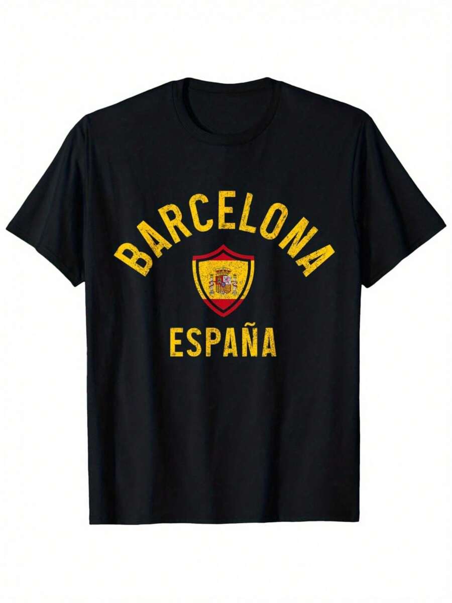 Vintage Men's T Shirt - Barcelona, Spain - Black Background With Yellow Letters And A Spanish Flag Pattern - Catalan Traditional Design - Casual Wear Suitable For All Seasons T Shirt - Machine Washable - Souvenirs Suitable For Travelers And Barcelona Fans,Sportswear - 黑色 - 查看 1