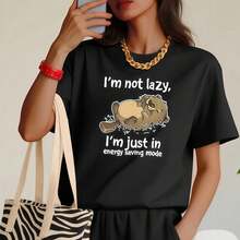 2026 Summer New Arrival, "I'M Not Lazy" Otter Text Pattern, Casual Printed Round Neck Short Sleeve Top And Elastic Waist Pocket Shorts Women'S Two-Piece Set - T恤 - 查看 18