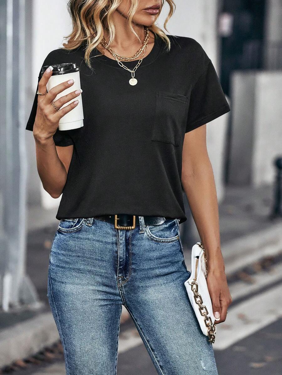 Camiseta de hombros caídos unicolor con parche de bolsillo - Negro - Ver 1