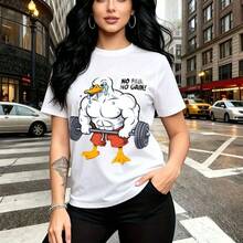 Camiseta de mujer con estampado de pato musculoso levantando pesas y frase "NO PAIN NO GAIN" - diseño divertido y motivador, ajuste casual y cómodo para el día a día - ideal para paseos urbanos, gimnasio o salidas relajadas - regalo perfecto para mam - Blanco - Ver 7