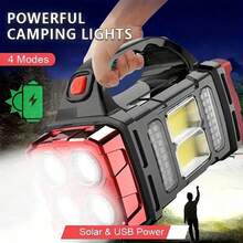 Solar & USB Rechargeable LED Lantern Flashlight, 1800mAh Nickel Battery, Tactical COB Work Light, 4 Modes, Emergency Power Bank Function, Portable For Camping IPX4 Waterproof - Yellow - View 1