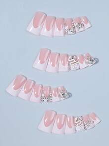 Y2K 24pcs Long Duck Nail Tips, White French Style, 3D Alloy Cross & Snake Decor, Rhinestone Embellished, Acrylic Fake Nails, Includes 1pc Jelly Glue And 1pc Nail File - Multicolor - View 3