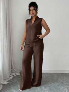 PARARAL Plus Size Women's Summer Casual Solid Color Sleeveless Top And Pants Two Pieces Set Elegant - Brown - View 6