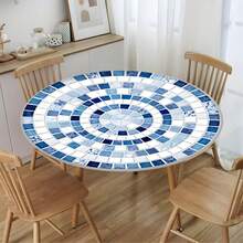 1 pièce Nappe ronde élastique imprimée de mosaïque bleue et blanche méditerranéenne, housse de table résistante aux plis pour patio/fête à la plage/maison d'hôte bohème/camping en plein air - matériau en polyester durable, taille standard, facile à nettoyer pour la cuisine, la salle à manger, le pique-nique en plein air, la décoration de fête de jardin, nappe de style rustique, tissu de décoration pratique pour la maison - Multicolore - Voir 5