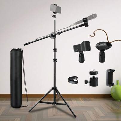  JOILCAN Tripod Microphone Stand With Phone Holder And 2 Mic Clips, Suitable For Singing Performance, Wedding Stage And Microphone Installation