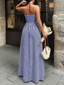 Vestido Cuello Halter Espalda Descubierta Rayas Disponible en Múltiples Colores - Azul y blanco - Ver 5