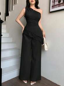 abyoxi Conjunto de 2 piezas de top sin mangas con cintura fruncida y parches de encaje con dobladillo asimétrico, y pantalones de pierna ancha para mujer, sexy y elegante, adecuado para ir al trabajo, salidas diarias, eventos formales, citas, fiestas, bodas, vacaciones, San Valentín, conjunto de primavera/verano con top ajustado y pantalones largos - Negro - Ver 12