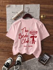 1件女款夏季短袖T恤，「The Bride Club」蝴蝶結雞尾酒杯圖案印花上衣，適合派對、慶祝場合、禮物，休閒粉色 - 粉色 - 查看 5