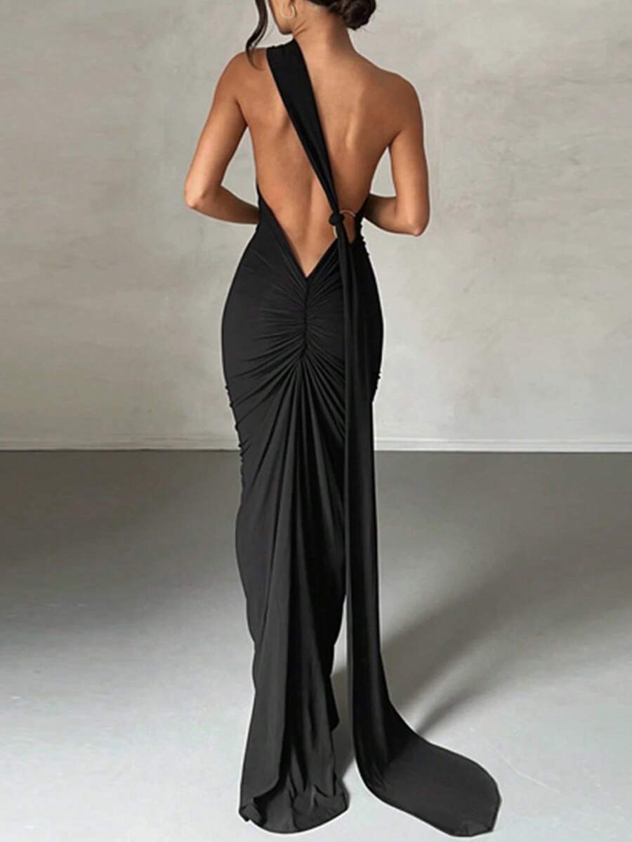 Vestido negro elegante de verano con espalda descubierta y drapeado - Burdeos - Ver 1