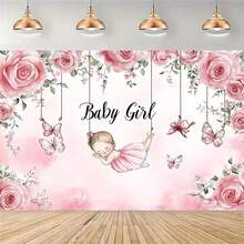 1件粉色女嬰派對背景布 2D攝影背景，含玫瑰、蝴蝶與「Baby Girl」文字，聚酯纖維材質，無需電源，適合嬰兒洗禮、生日、週年紀念 - 11 - 查看 3