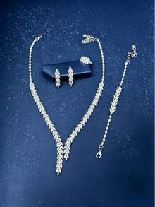 Bộ trang sức nữ cao cấp đính đá Cubic Zirconia 5 món/set, gồm dây chuyền, bông tai, nhẫn và vòng tay, phù hợp cho đám cưới, sinh nhật, lễ hội, tiệc tùng - Bạc - Xem 5