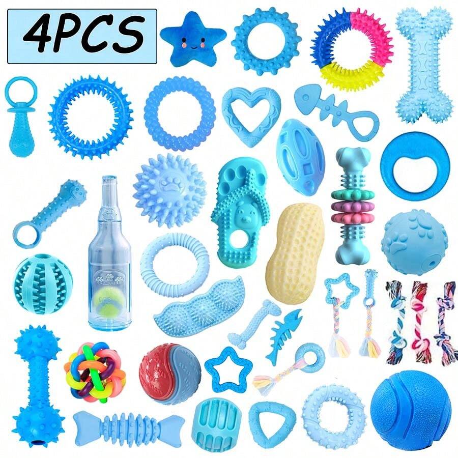 4pcs Random Style TPR Pet Chew Toys, Durable Teeth Cleaning Chicken Bone Chew Stick Balls For Dogs - Multicolor - View 1
