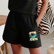 2026 Summer New Arrival, Vintage Color-Block Palm Tree Island Sunset Pattern, Casual Printed Round Neck Short Sleeve Top And Elastic Waist Pocket Shorts Women'S Two-Piece Set - quần short - Xem 16