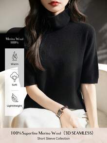 女款100%美麗諾羊毛T恤一線無縫上衣休閒穿搭女款夏季高領針織短袖套頭羊毛T恤黑色 - 黑色 - 查看 1