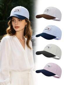 1 pieza Gorra de béisbol con parche a rayas blanco y beige, con ribete de encaje, diseño de parte superior suave vintage, estilo coreano casual - gorra de béisbol - Ver 1