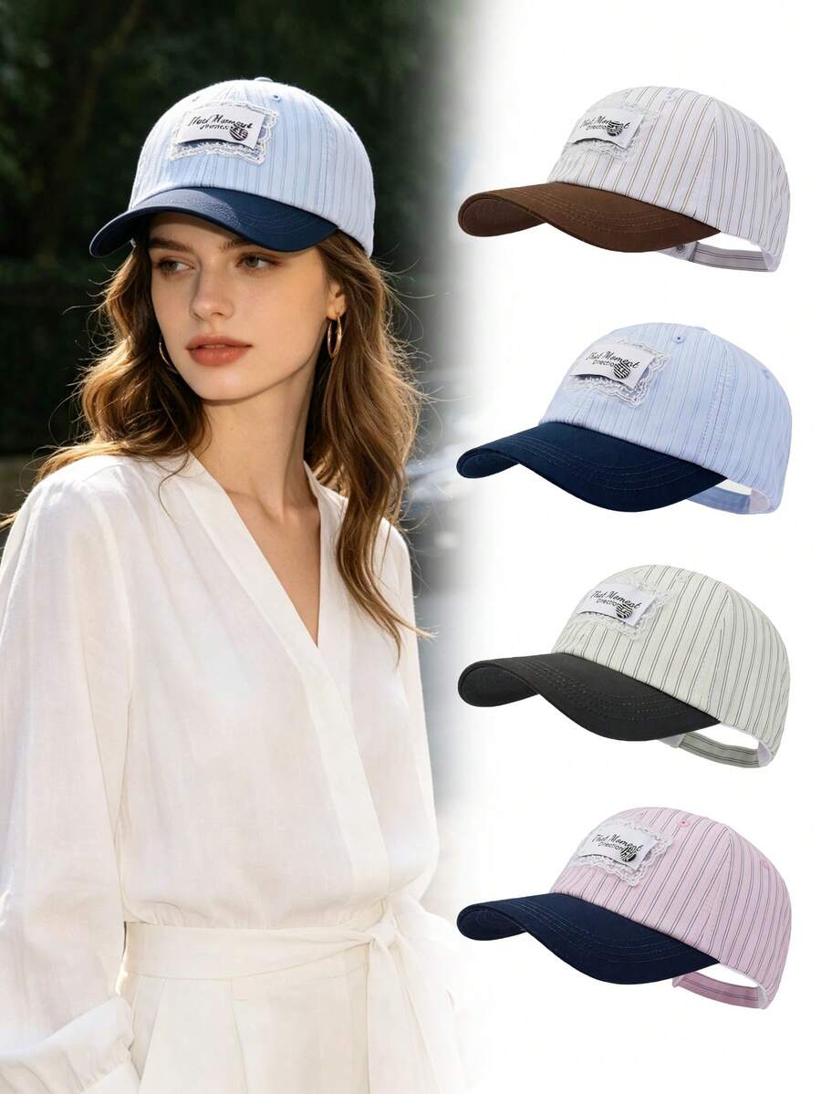 1 pieza Gorra de béisbol con parche a rayas blanco y beige, con ribete de encaje, diseño de parte superior suave vintage, estilo coreano casual - gorra de béisbol - Ver 1