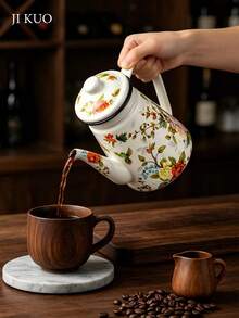 1pc 1.1L Enamel With Lid Floral Pattern Teapot, Enamel Material, Vintage Style Coffee Pot, Suitable For Kitchen And Bedroom, Compatible With Gas And Induction Cooktops, Exquisite Back To School Gift. - Multicolor Teapot - View 8