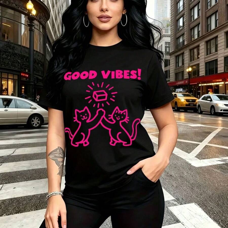 Camiseta de mujer con estampado de chica con cabello largo y aretes, diseño "GOOD VIBES!" con gatos neón dándose la mano - camiseta casual de cuello redondo, ajuste cómodo y elegante, estilo urbano y divertido - ideal para paseos por la ciudad, días - Negro - Ver 1