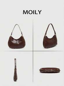 Bolso bandolera de silla de montar con remaches ajustable para mujer de talla grande y estilo punk - Café integral - Ver 2