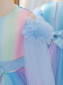 Vestido largo estilo hada para niñas, nueva llegada de verano, 3-12 años, falda de malla con degradado arcoíris soñador y elementos florales, vestido de princesa línea A multicapa para niñas, diseño de chal dulce, adecuado para primer cumpleaños, niña de las flores en boda, fiesta, reunión, ocasiones formales, vestido de noche novedoso - Azul - Ver 8