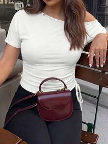 Vaiaye Kaos Wanita Longgar Kasual Leher Bulat Satu Bahu, Kaos Slim Fit dengan Dekorasi Kerang, Atasan Off-Shoulder Musim Semi/Panas Warna Putih - Putih - View 11
