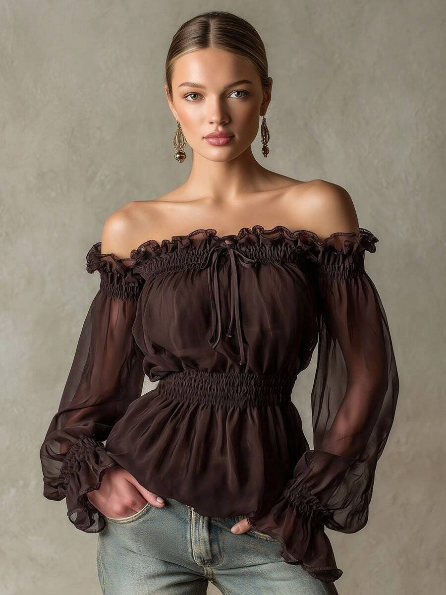 Fashionable Retro Ruffle Brown Off-Shoulder Women's Chiffon Blouse - Coffee Brown - View 1