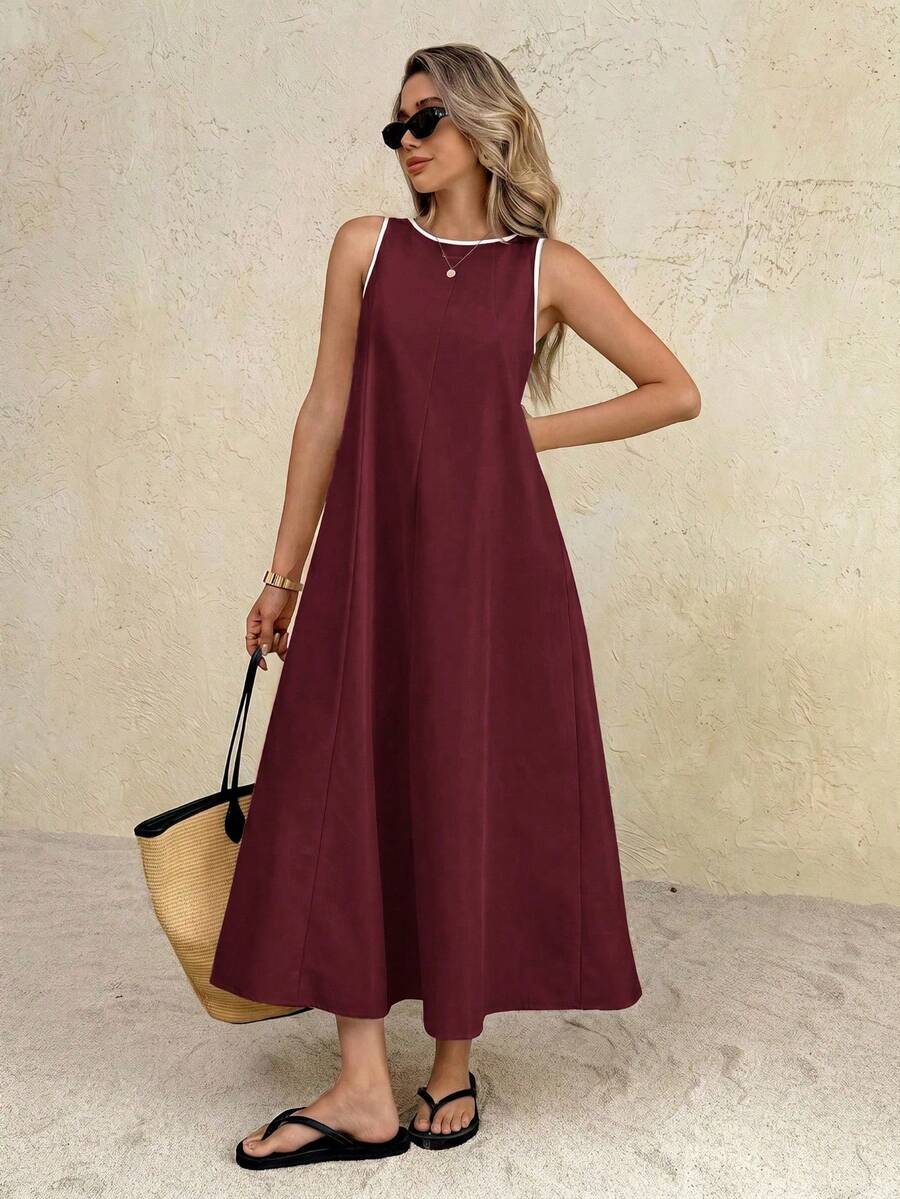 Vestido largo de cuello redondo casual para mujer, adecuado para uso diario y citas - Burdeos - Ver 1
