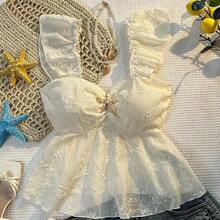 WNS  Camisa de mujer de verano con cuello cuadrado bordado en color albaricoque, dobladillo con volantes recogidos, decoración de estrella de mar de metal y mangas con volantes - Albaricoque - Ver 5