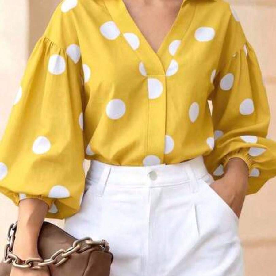 WNS Blusa elegante para mujer, camisa de botones con lunares en color albaricoque, manga farol larga, cuello en V, adecuada para la oficina, ocasiones formales y uso diario casual - Blusa para mujer para todas las estaciones y vacaciones de primavera - Amarillo - Ver 1