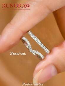 2pcs Simulated Moissanite V-Shaped One-Row Rhinestones Platinum Color Rings Set, Simple V-Shape Band Open Ring Couple Rings For Daily Wear, Valentine's Day Gift - Silver - View 2