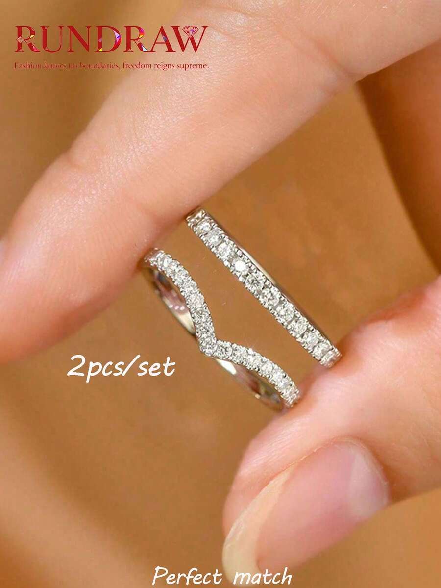 2pcs Simulated Moissanite V-Shaped One-Row Rhinestones Platinum Color Rings Set, Simple V-Shape Band Open Ring Couple Rings For Daily Wear, Valentine's Day Gift