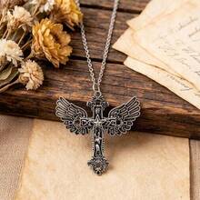 Collier gothique rétro pour femme avec croix et ailes, design d'ailes d'étoile, collier unique - Multicolore - Voir 6