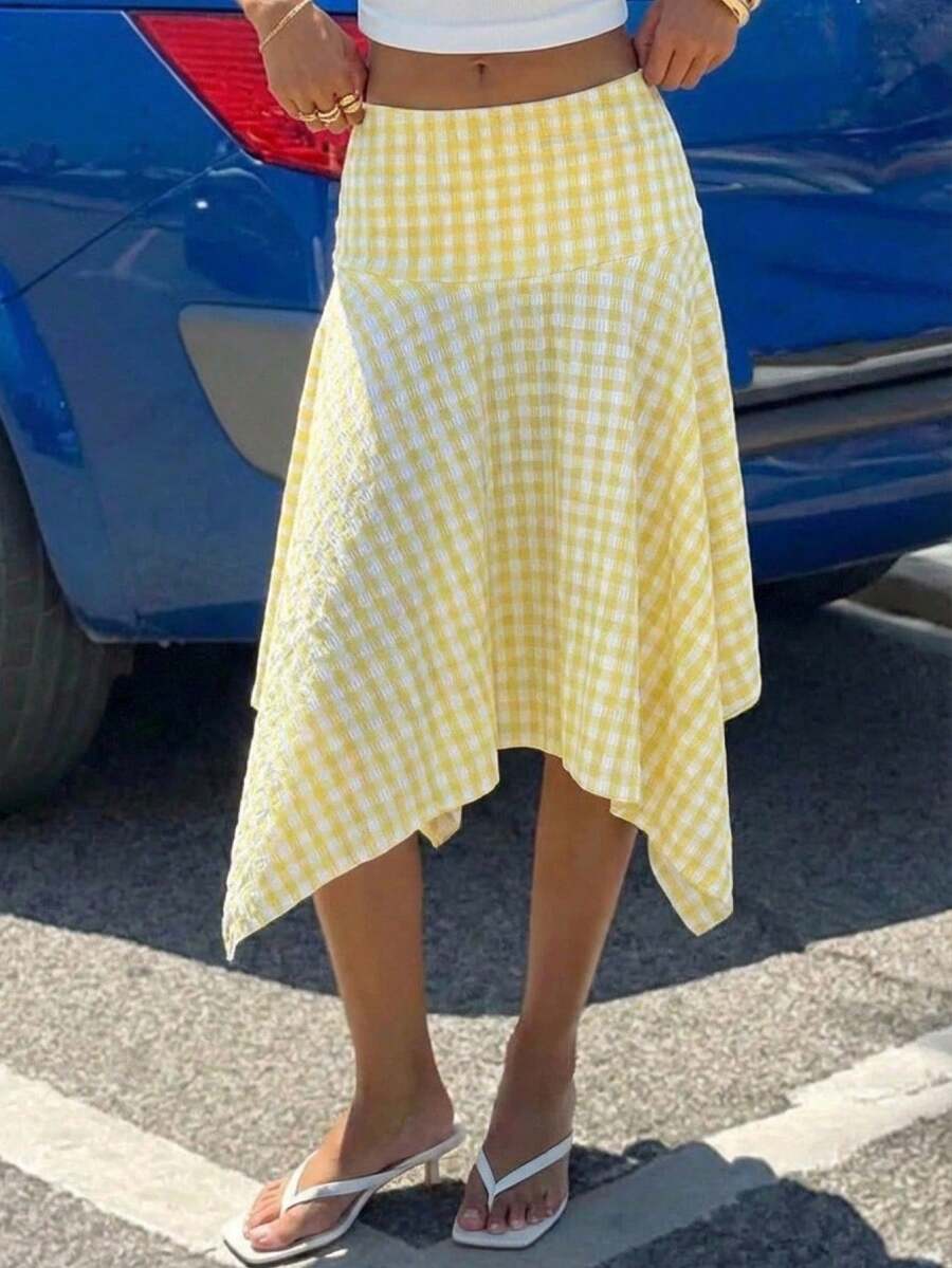 2026 Nuevo Falda midi a cuadros con bajo asimétrico, nuevo look primavera/verano para mujer, estilo retro Y2K - Amarillo - Ver 1