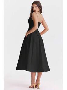 Women's Long Backless Spaghetti Strap Summer Dress - Black - View 3