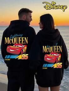 Couples Disney Cars Lightning McQueen Print Hooded Sweater, Casual Street Style Sweatshirt, Single Piece 1pcs - 女士黑色 - 查看 1